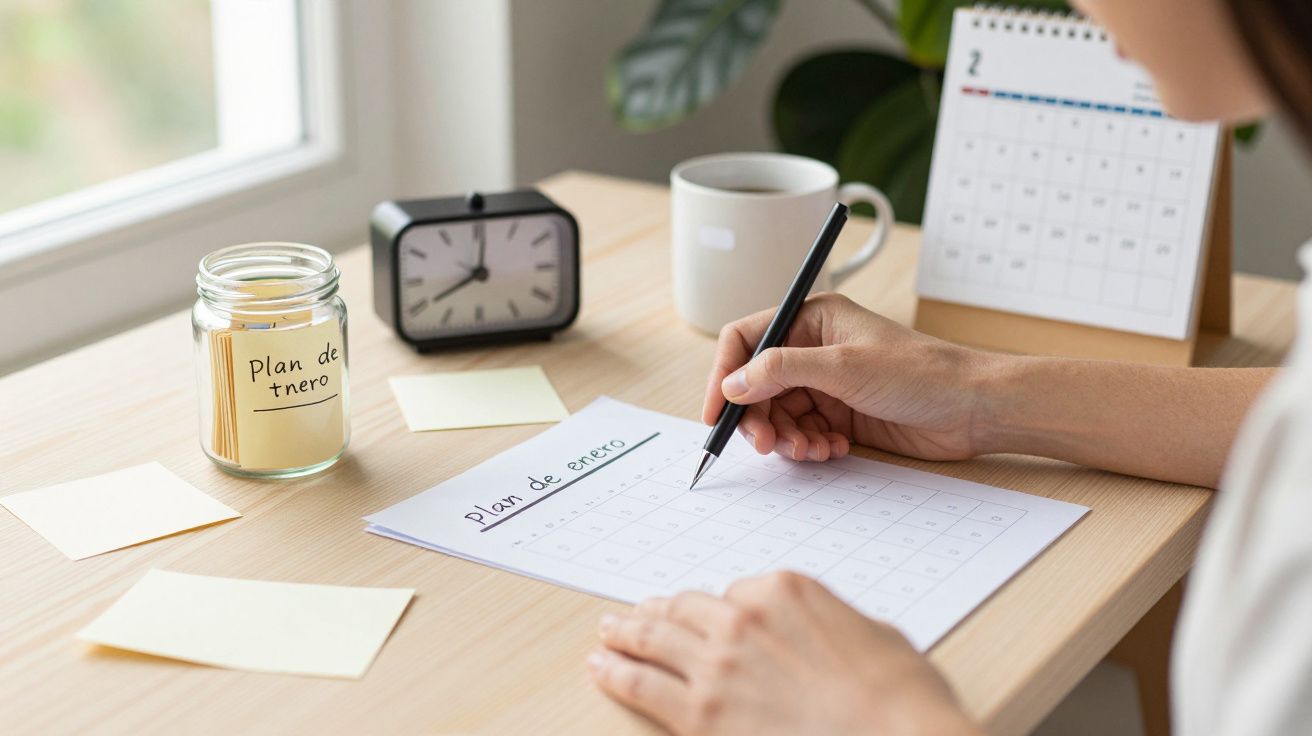 Mano escribiendo en un calendario de planificación mensual sobre un escritorio con reloj, taza y bote etiquetado "Plan de ene