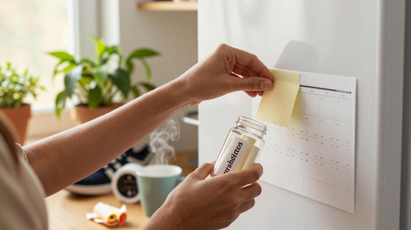 Persona colocando nota en calendario mientras sostiene frasco de antibióticos junto a una planta y una taza en la cocina.
