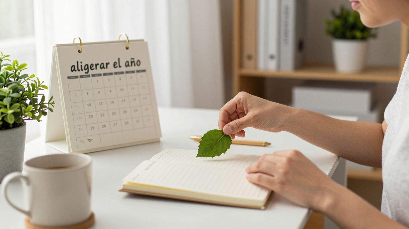 Persona sentada en un escritorio colocando una hoja verde en un cuaderno, con calendario y planta al fondo.