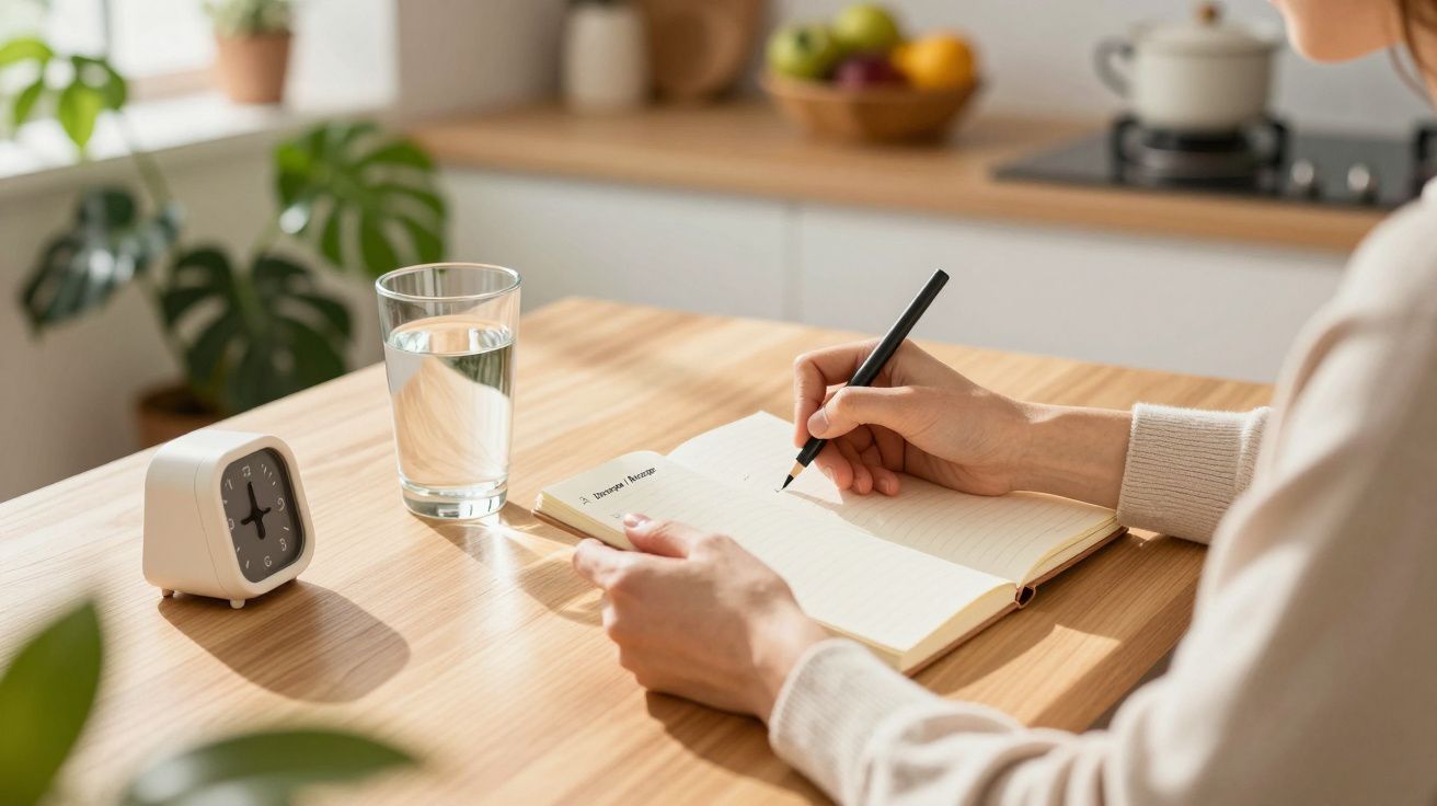 Mano escribiendo en un cuaderno en una mesa de cocina, con un vaso de agua y un reloj a su lado.