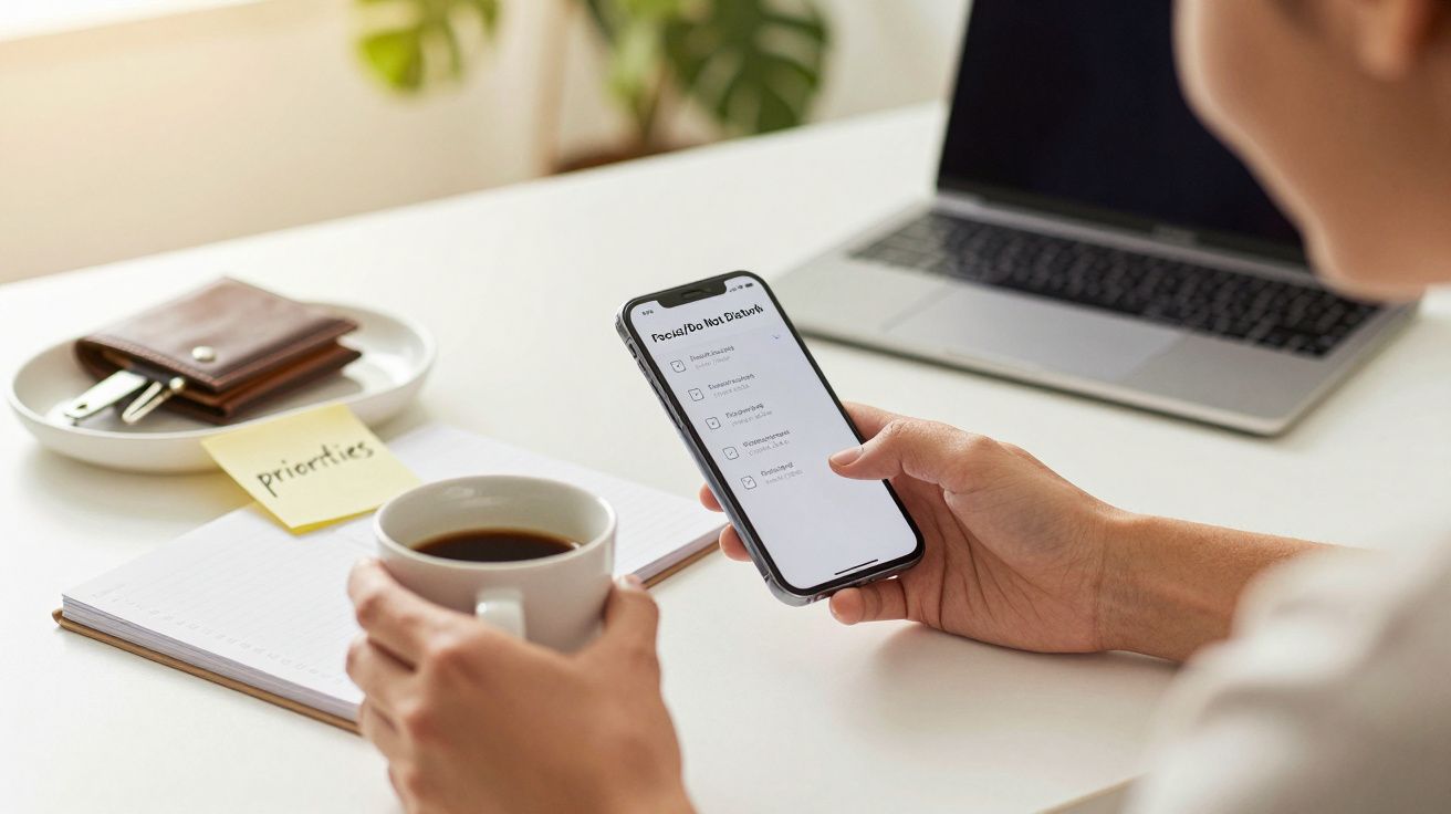 Persona con móvil en mano frente a portátil, taza de café y libreta en mesa blanca.