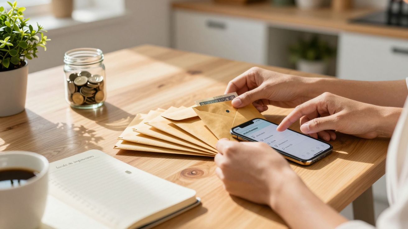 Manos sosteniendo un móvil y sobres con dinero en una mesa de madera, junto a un tarro de monedas y un cuaderno.
