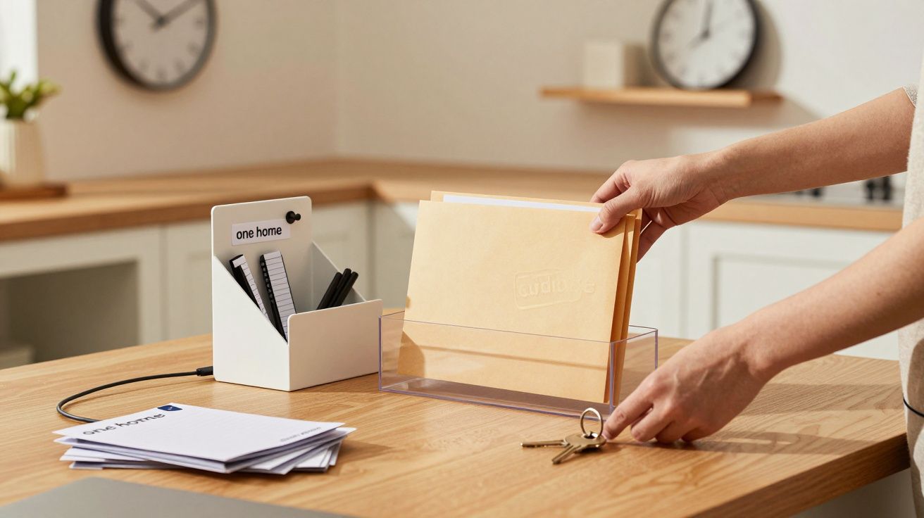 Persona organizando documentos en una cocina moderna, con relojes en la pared y llaves sobre la mesa.