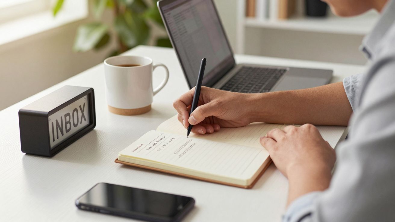 Persona escribiendo en un cuaderno junto a un portátil, una taza de café y un móvil en un escritorio.