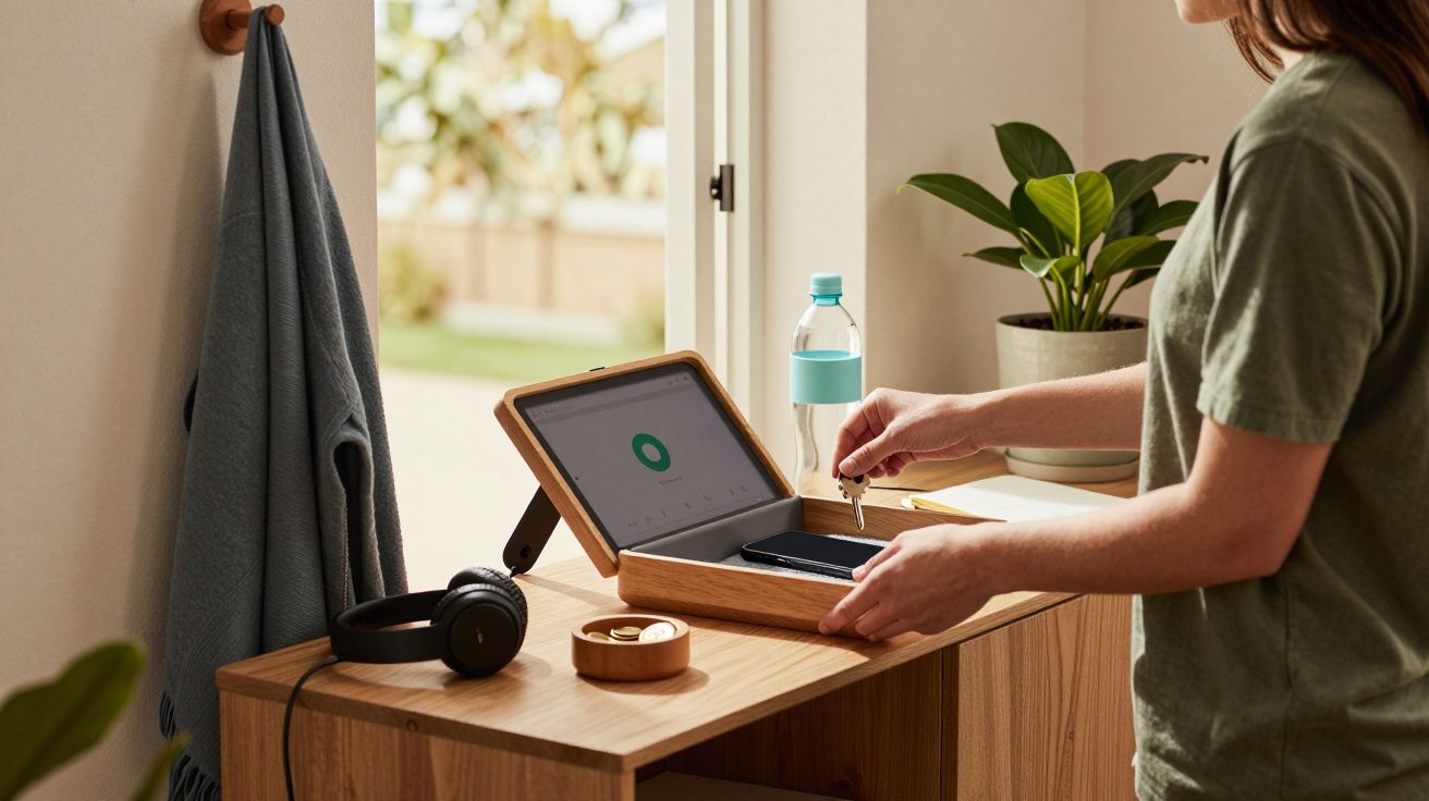 Persona interactuando con un dispositivo de tiempo en un escritorio de madera, con auriculares y planta al fondo.