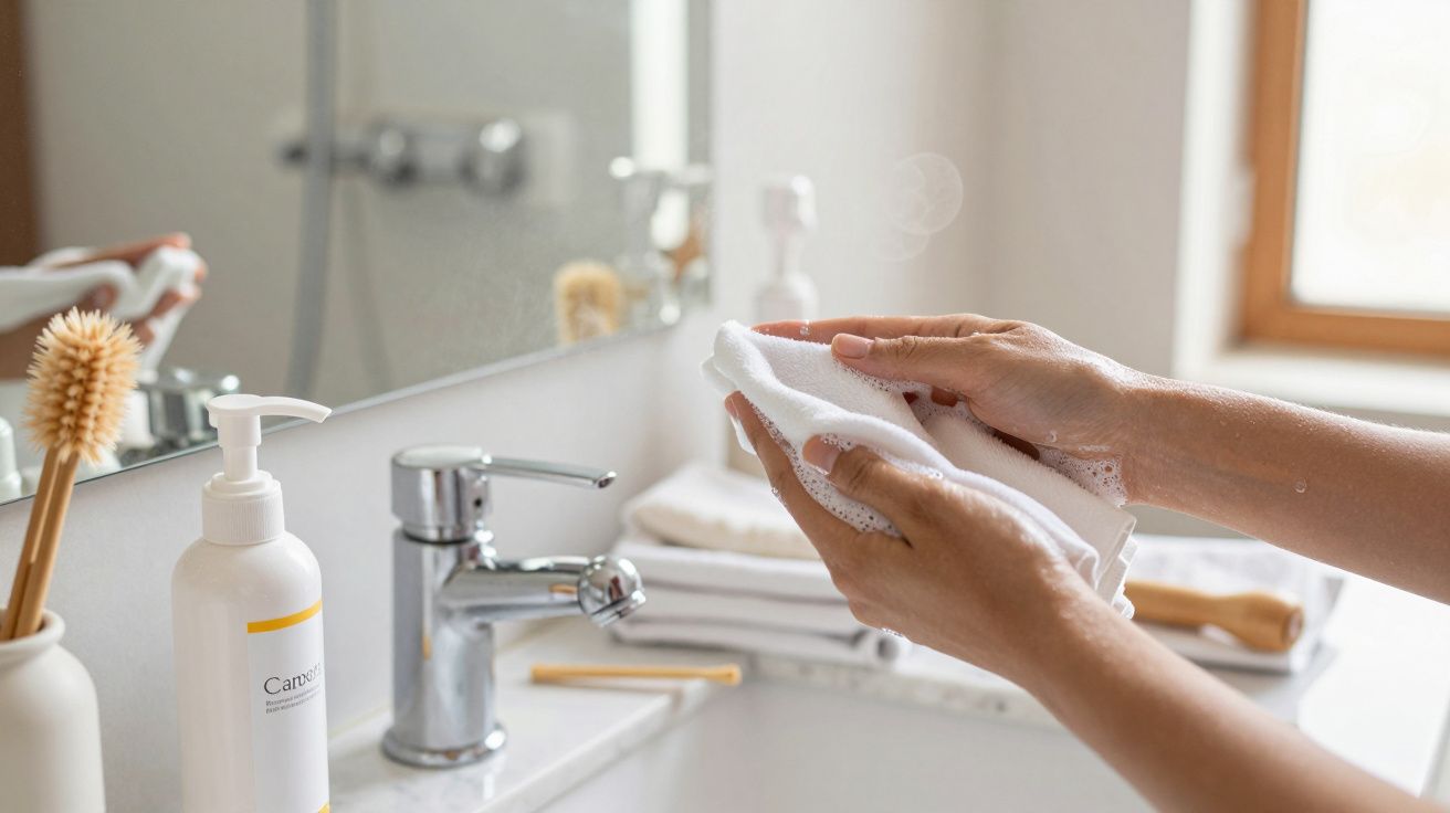 Manos secándose con toalla blanca frente al lavabo de un baño iluminado.