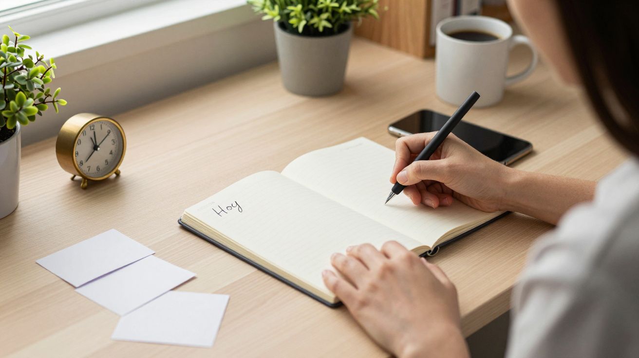 Persona escribe "Hoy" en un cuaderno sobre una mesa con reloj, plantas y taza.