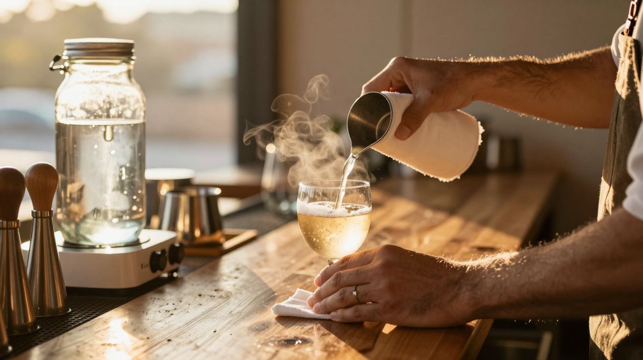 Persona vertiendo líquido caliente en una copa sobre una barra de madera iluminada por luz cálida.