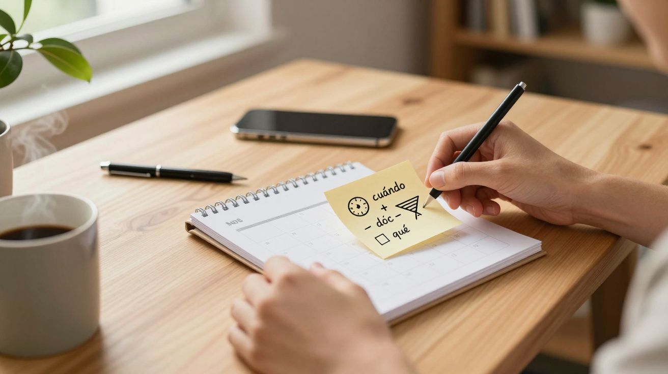 Persona tomando notas en un calendario, con un café, móvil y bolígrafo sobre la mesa de madera.