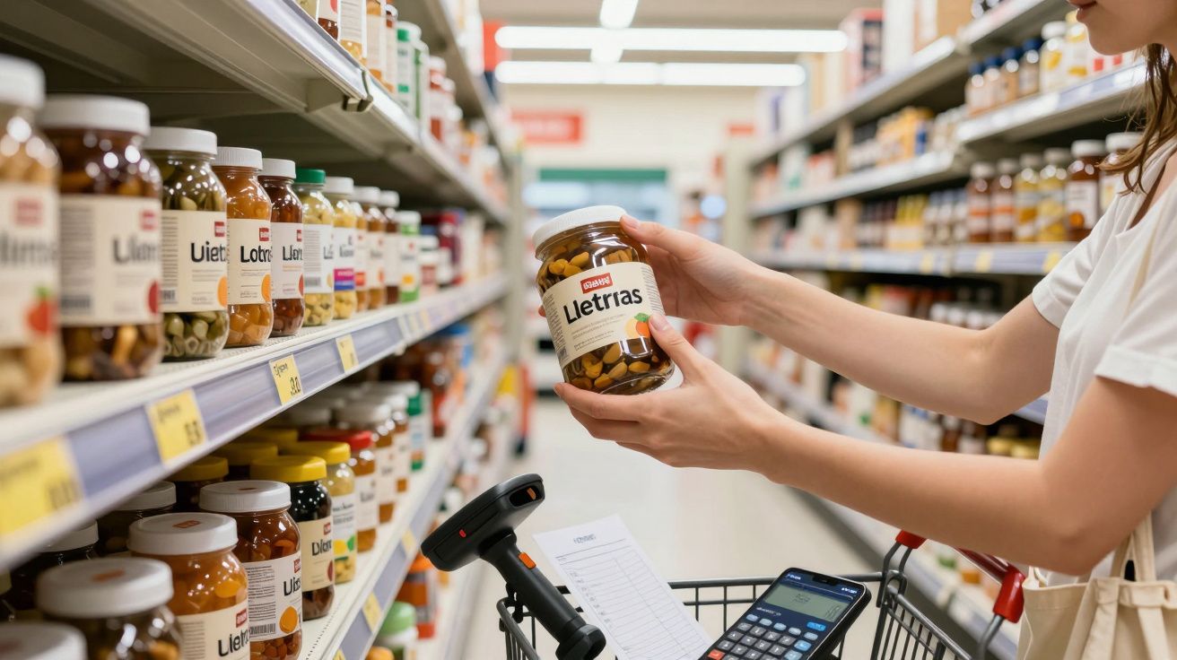 Persona comprando frascos de conservas en un supermercado, sosteniendo uno que dice "Lletrias" con un carrito de la compra.
