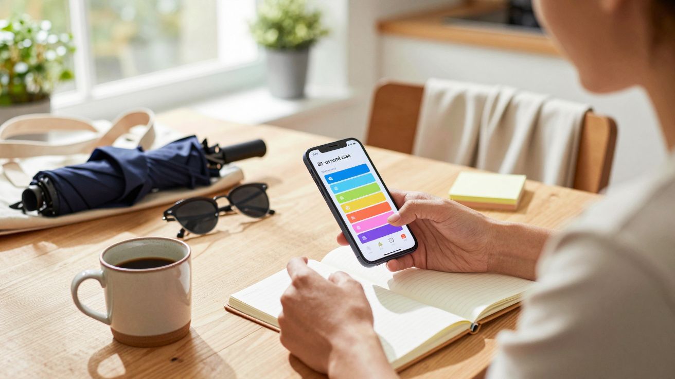 Persona usando smartphone en una mesa con café, cuaderno, paraguas y gafas de sol cerca de una ventana.