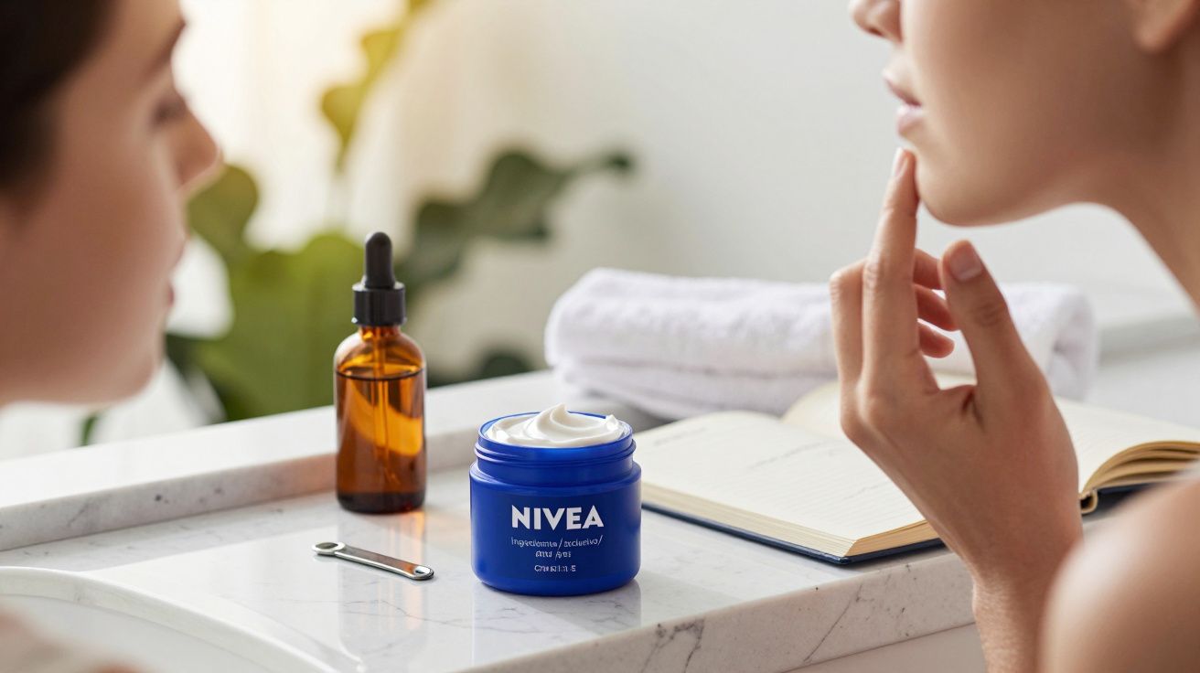 Mujer aplicándose crema Nivea en el rostro frente al espejo, junto a un frasco y una toalla sobre el lavabo.