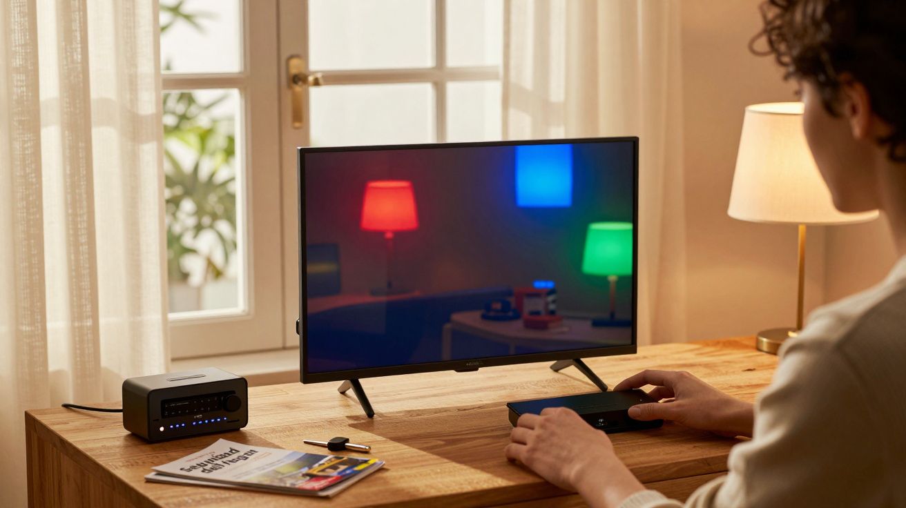 Persona usando un ordenador en un escritorio de madera, con una ventana y lámpara encendida al fondo.