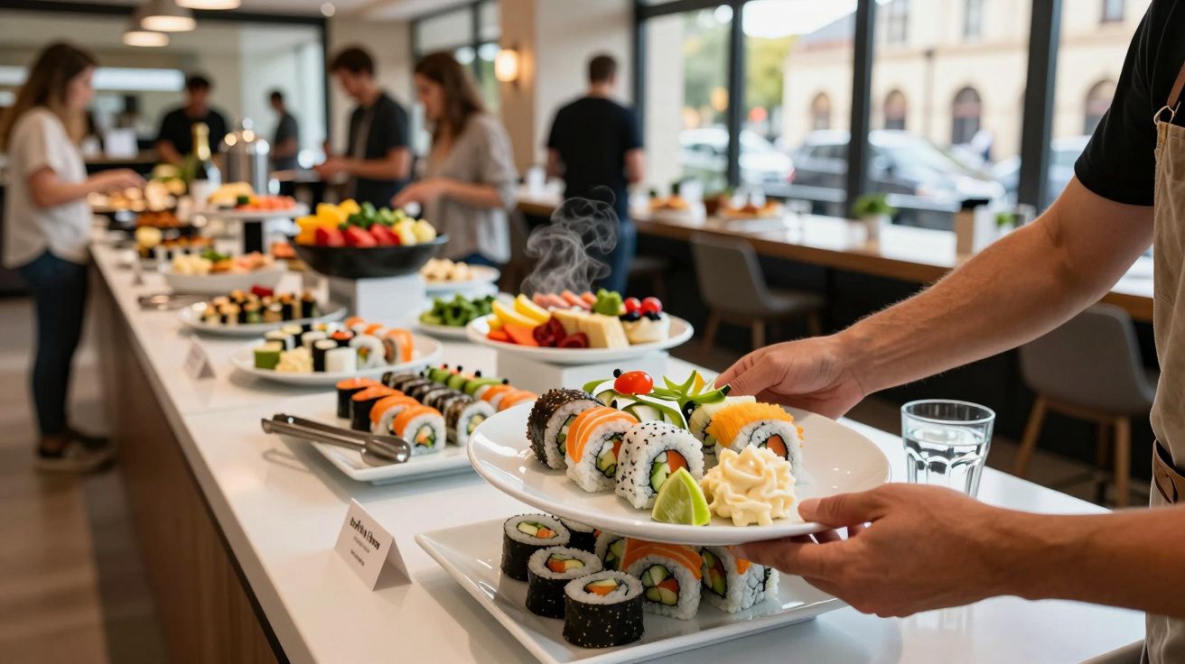 Mesa de buffet con sushi variado y frutas, personas sirviéndose en un restaurante moderno iluminado.