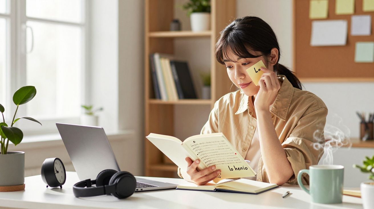 Mujer estudiando con un libro y notas adhesivas en un escritorio con portátil, reloj y auriculares.