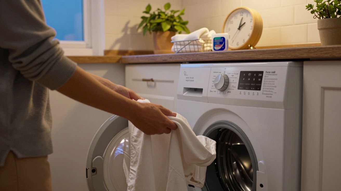 Persona colocando ropa blanca en una lavadora en una cocina moderna con plantas y reloj sobre la encimera.