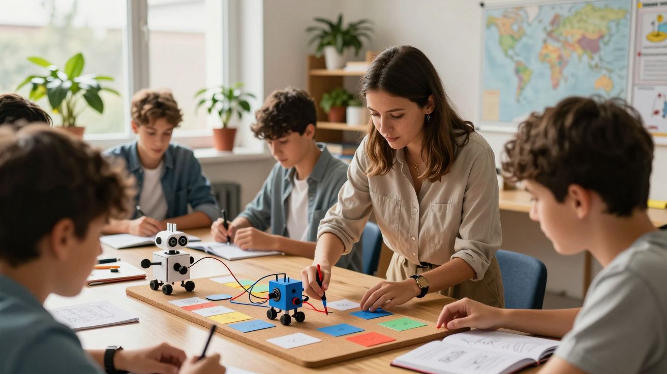 Estudiantes en clase de robótica, ensamblando robots y siguiendo instrucciones con la profesora en una mesa de trabajo.