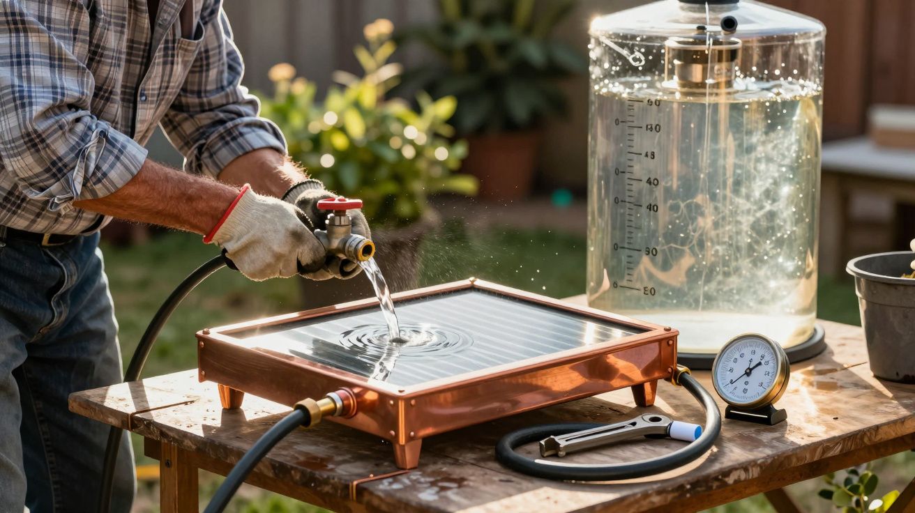 Hombre llenando un colector solar con agua en un jardín, con tanque transparente y manómetro en la mesa de madera.
