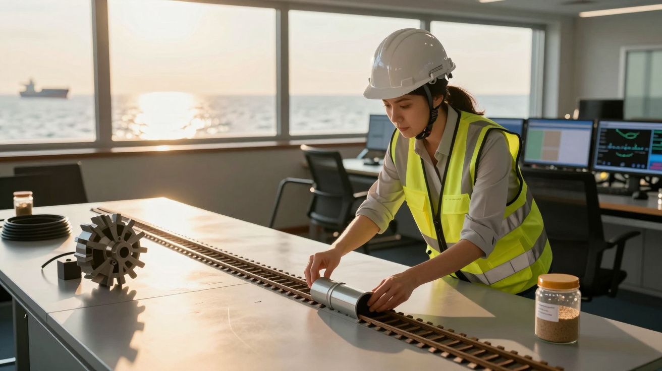 Ingeniera con casco y chaleco revisa maqueta ferroviaria en oficina con vista al mar al atardecer.