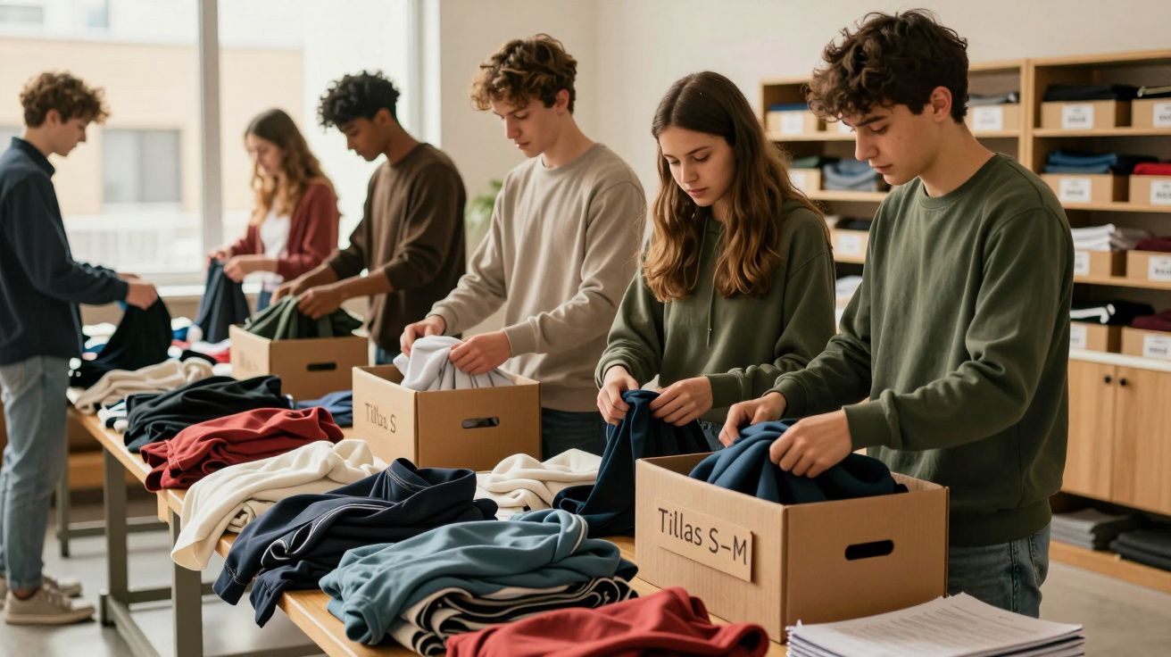 Personas organizando ropa en cajas etiquetadas dentro de una sala con estanterías al fondo.