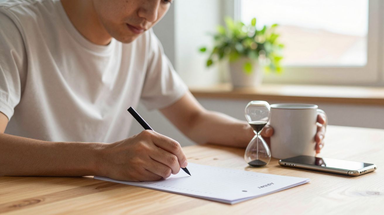 Persona escribiendo en papel, sosteniendo taza. Reloj de arena y móvil sobre la mesa con planta de fondo.
