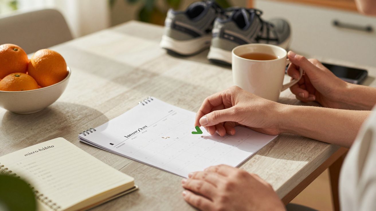 Persona revisando un calendario en una mesa con naranjas y café, mientras sostiene una taza.