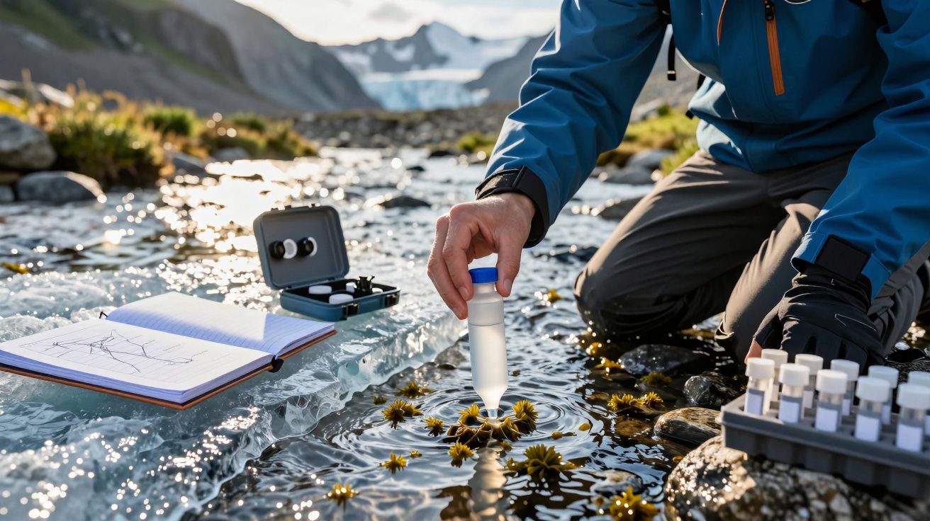 Investigador toma muestra de agua en un río de montaña, rodeado de cuadernos y equipo científico, paisaje glacial al fondo.