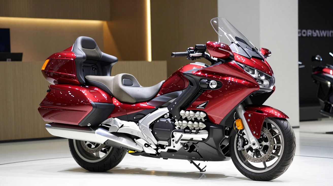 Motocicleta roja de turismo con maletas laterales y parabrisas, exhibida en un salón de exposiciones.