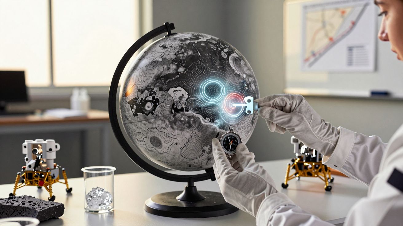 Científico con guantes ajusta el globo lunar blanco y negro en una oficina con maquetas lunares pequeñas en la mesa.