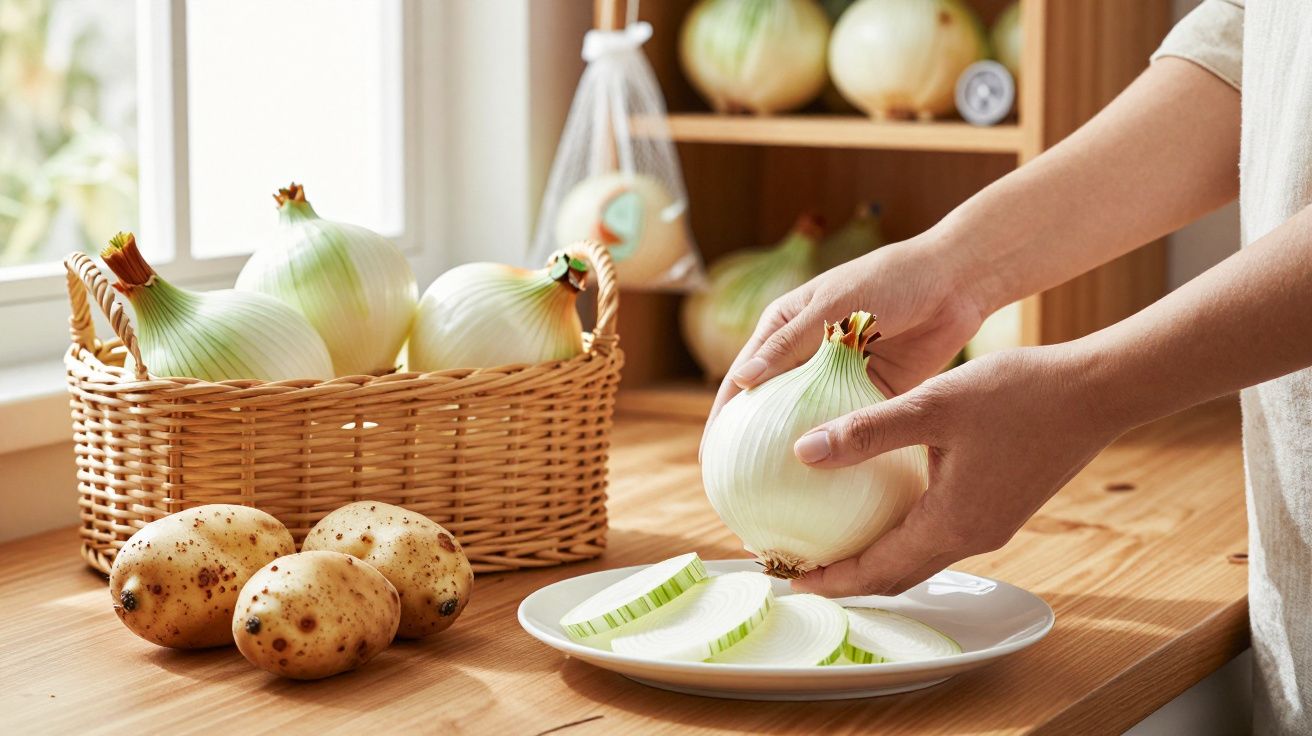 Manos sosteniendo una cebolla sobre un plato con rodajas. Papas y cebollas en una cesta sobre la mesa de cocina.