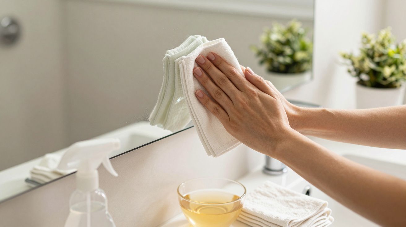 Manos limpiando espejo con paño. Botella de spray y bol al lado. Planta en el fondo.