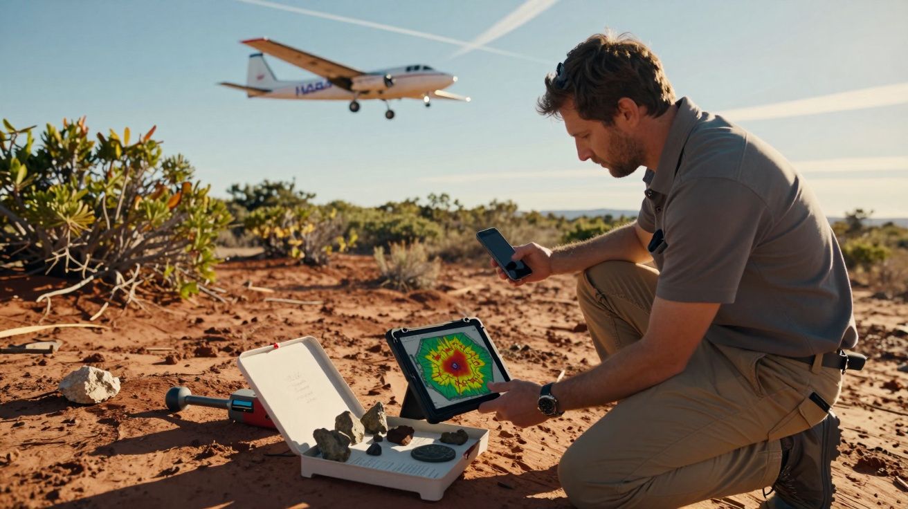 Hombre analizando datos en tablet en el desierto, avión volando en el fondo.