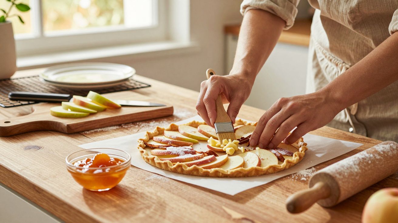 Persona preparando una tarta de manzana en una cocina, con rodajas de manzana y un cuenco de mermelada.
