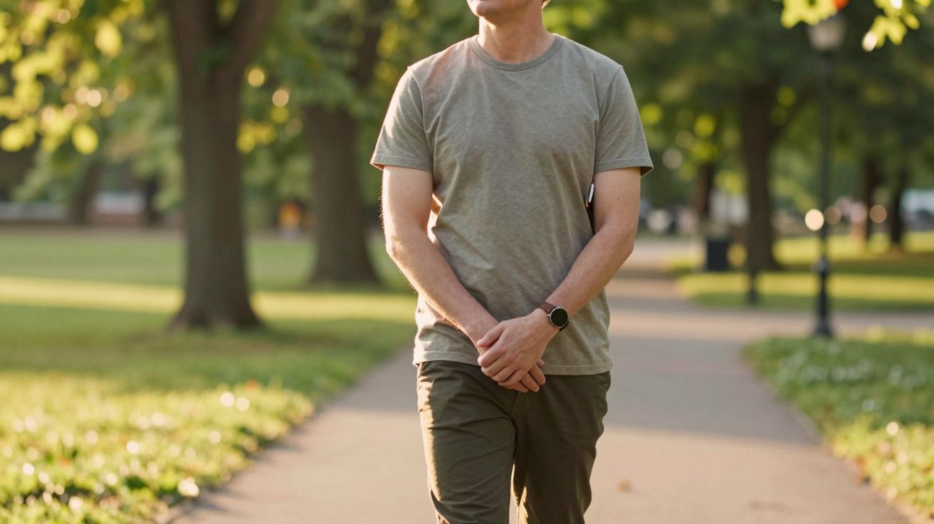 Hombre caminando por un parque con árboles, vestido con camiseta gris y pantalones verdes, en un día soleado.