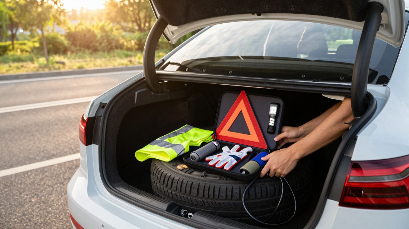 Maletero de coche abierto con triángulo de emergencia, chaleco reflectante, guantes y rueda de repuesto.