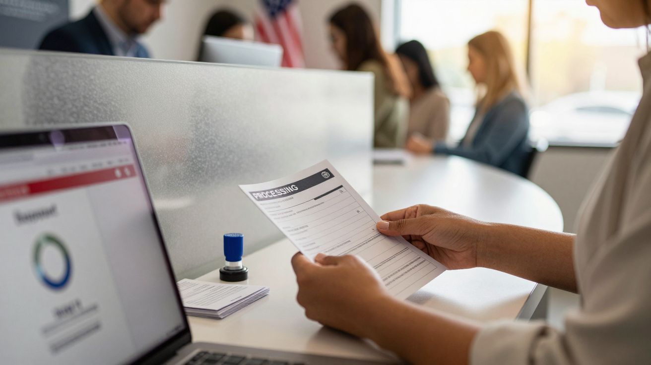 Persona revisa formulario en oficina, mostrando procesamiento en pantalla de portátil y otras personas trabajando de fondo.