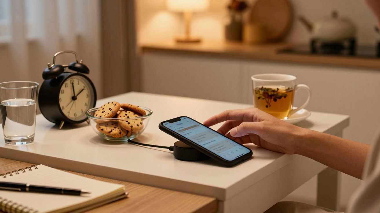 Mesa con despertador, vaso de agua, tazón de galletas, cuaderno, té, y móvil mientras lo usan y cargan de forma inalámbrica.