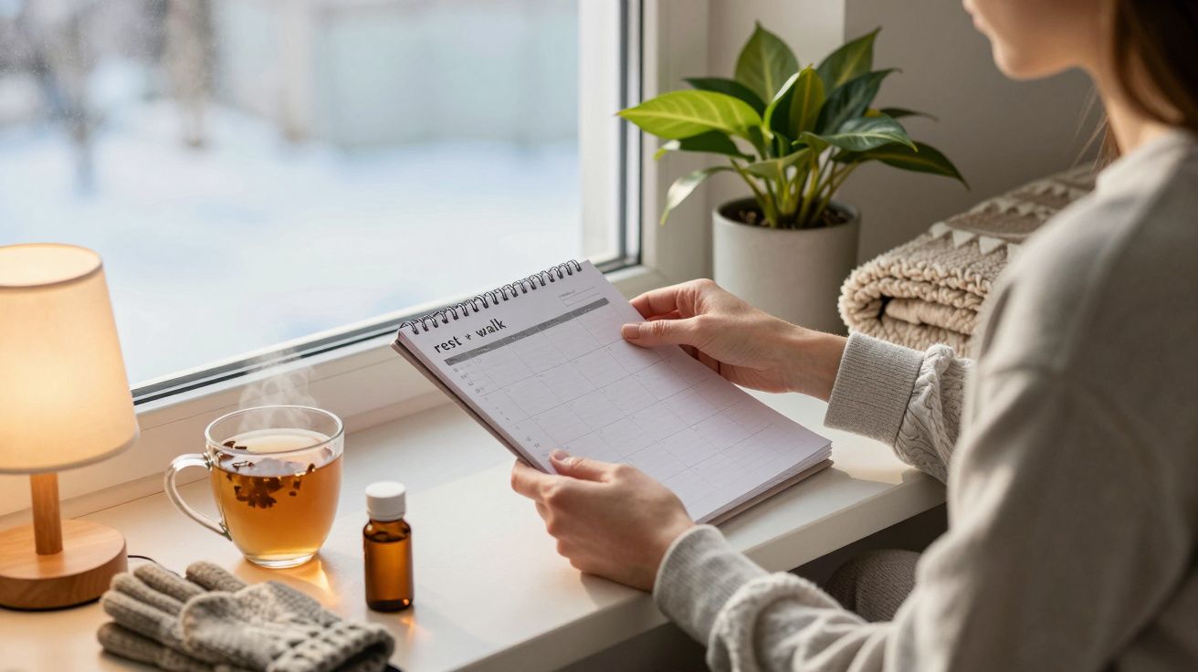 Persona revisando un calendario en una mesa con una planta, una taza de té humeante, una lámpara y un frasco pequeño.