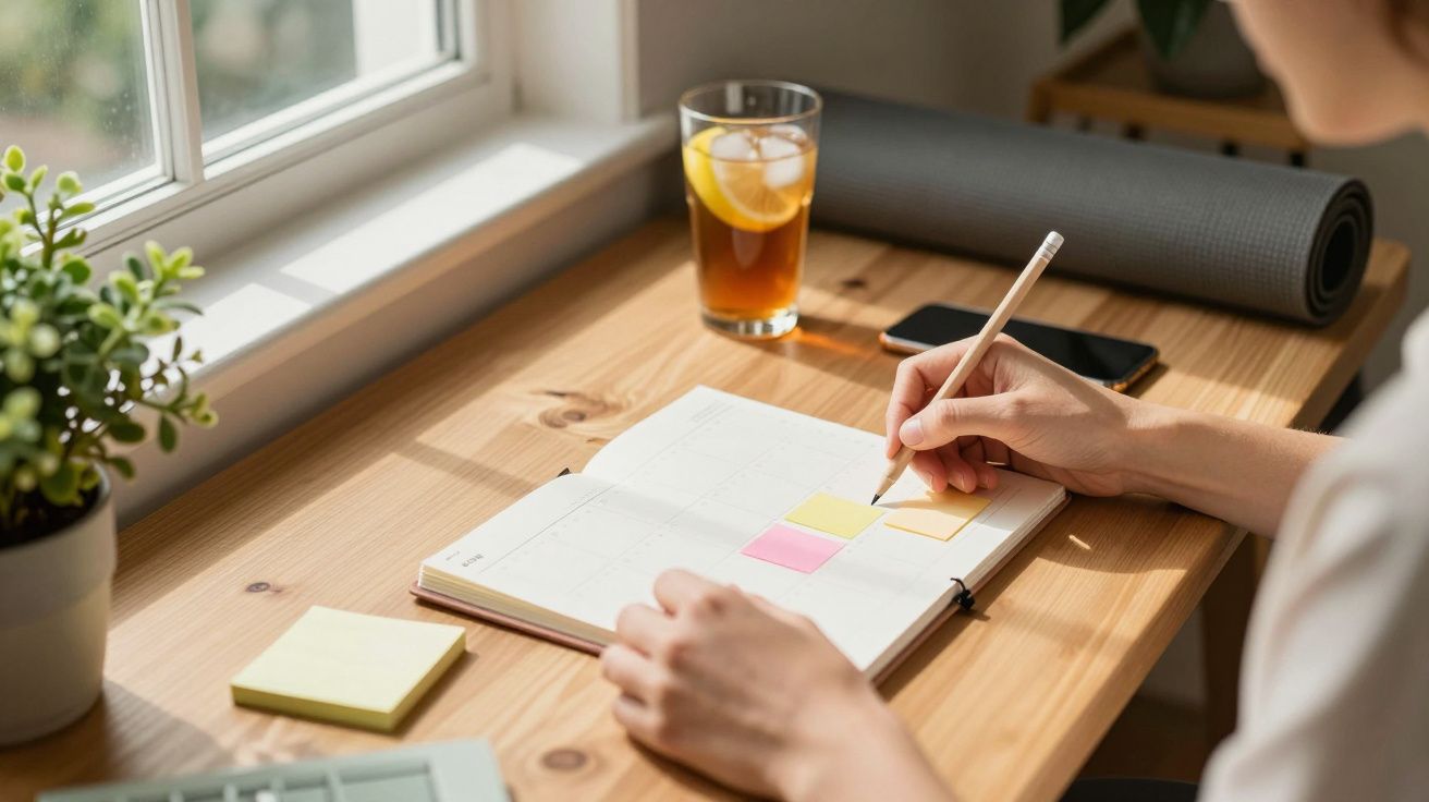 Persona escribiendo en una agenda en un escritorio de madera con una bebida de limón, móvil y planta cerca de una ventana.