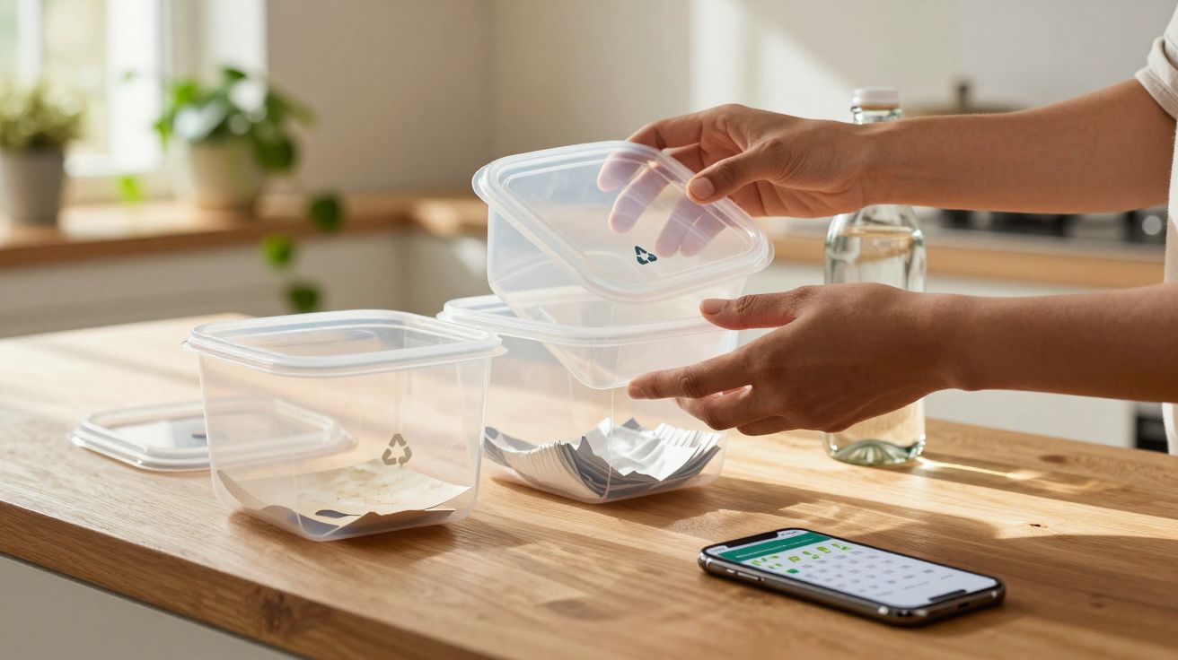Manos organizando recipientes plásticos en una cocina luminosa con un móvil y una botella en el mostrador de madera.