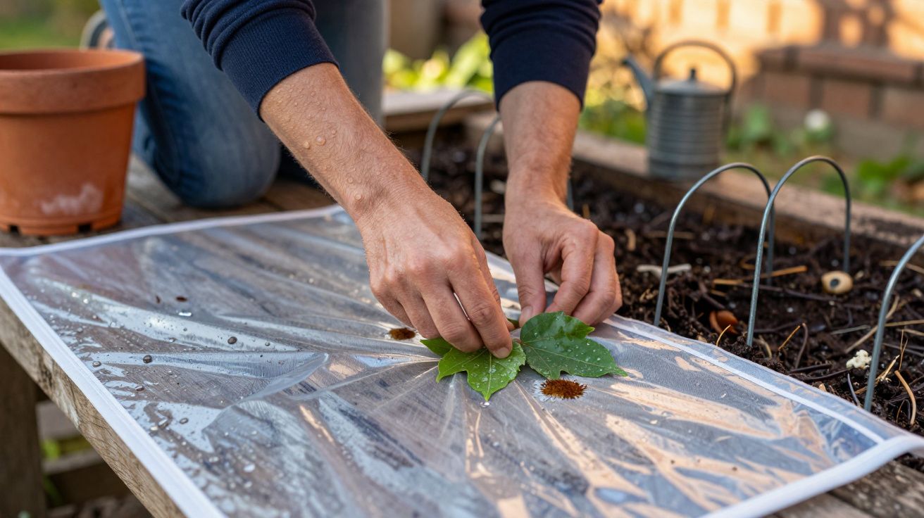 Persona colocando hojas sobre una bandeja de plástico en un huerto, con maceta y regadera al fondo.