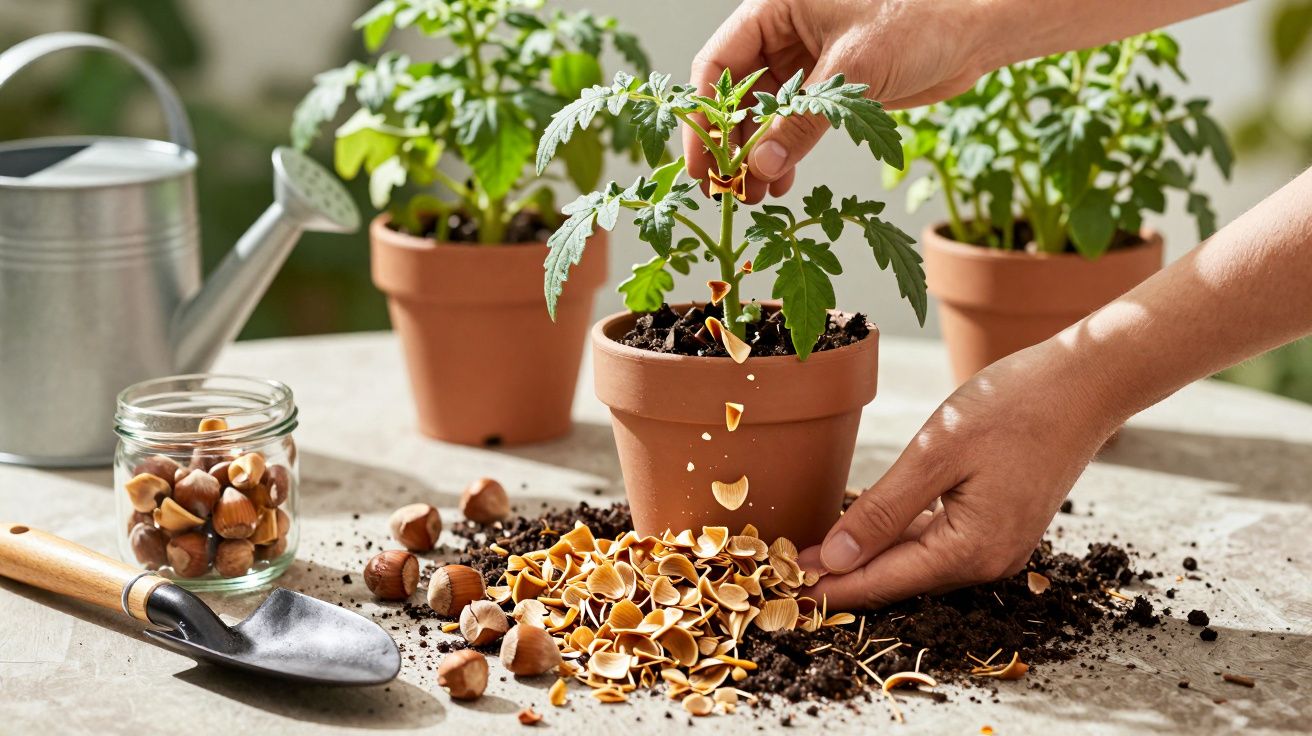 Manos plantando tomates en macetas de barro con cáscaras de avellana sobre la mesa y regadera al fondo.
