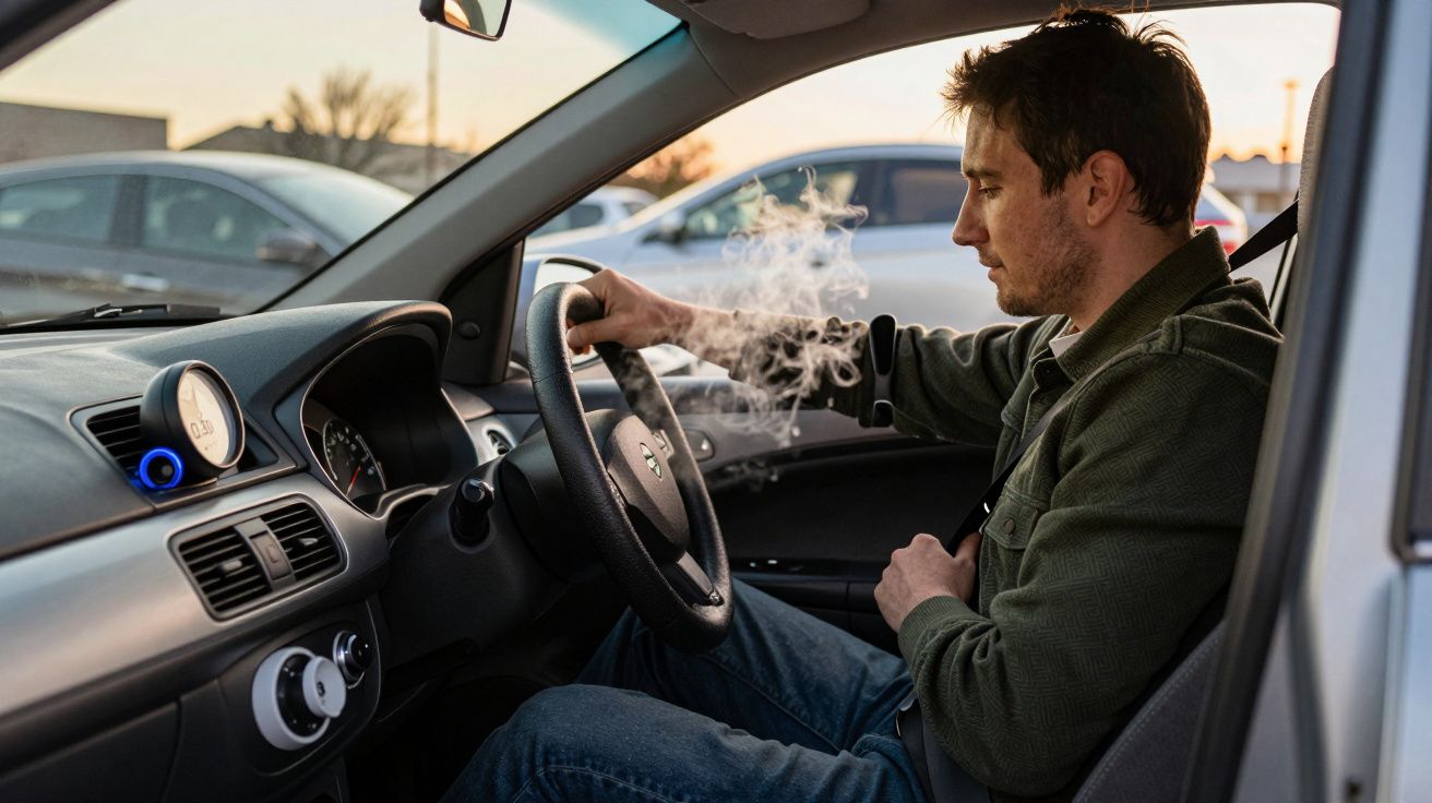 Hombre sentado en un coche estacionado, exhalando vapor, con el volante en sus manos y otros coches aparcados alrededor.