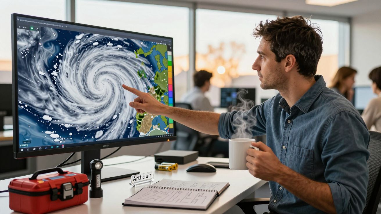 Hombre analizando mapa de ciclón en pantalla, señalando con el dedo mientras sostiene taza de café en oficina moderna.