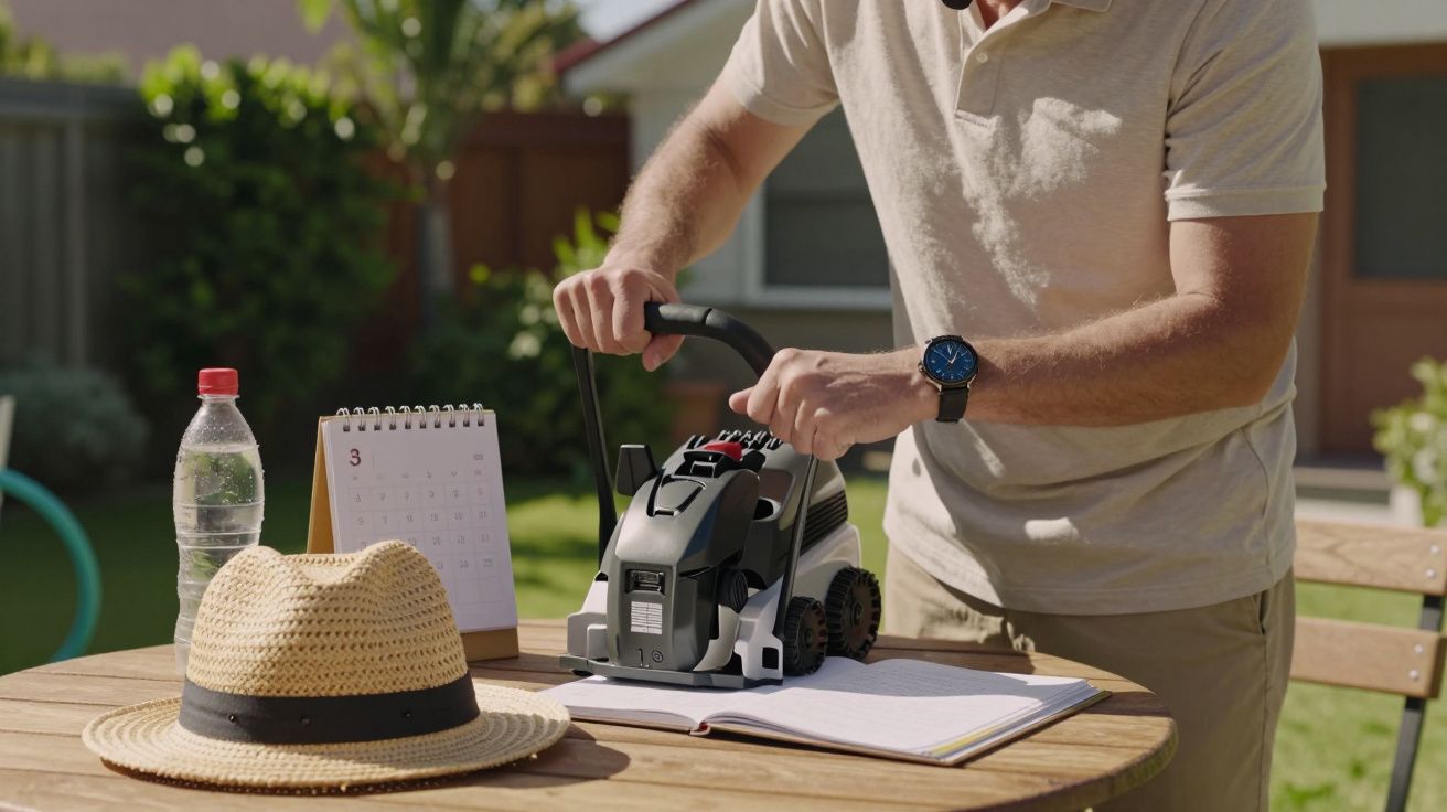 Hombre ajustando un cortacésped miniatura sobre una mesa con cuaderno, botella de agua, sombrero y calendario.