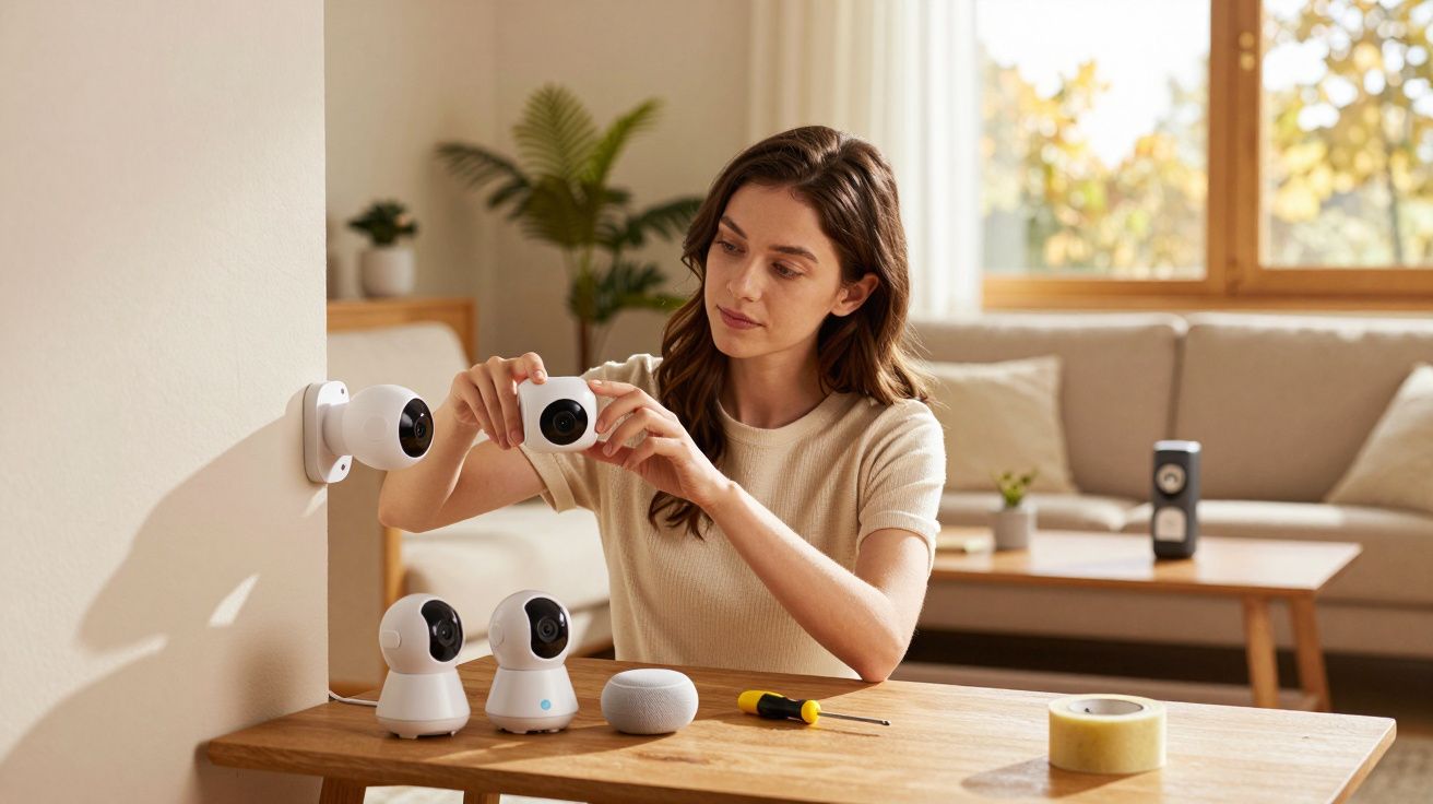 Mujer instalando una cámara de seguridad en la pared, con más dispositivos sobre la mesa en una sala de estar iluminada.