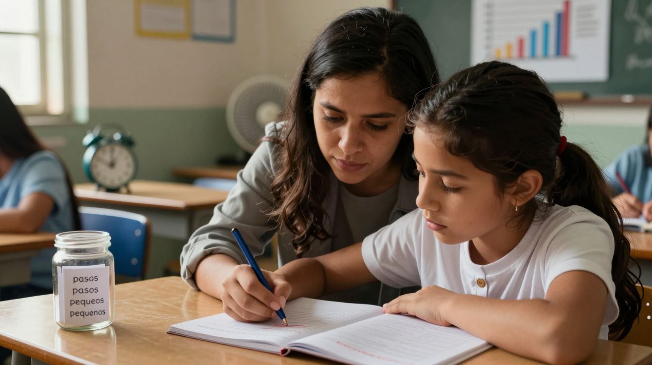 Mujer ayuda a una niña con su tarea en el aula, ambas enfocadas en un cuaderno sobre un pupitre.