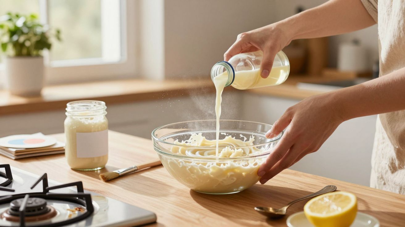 Persona vertiendo líquido blanco en un bol con mezcla en una cocina iluminada, ingredientes y utensilios alrededor.