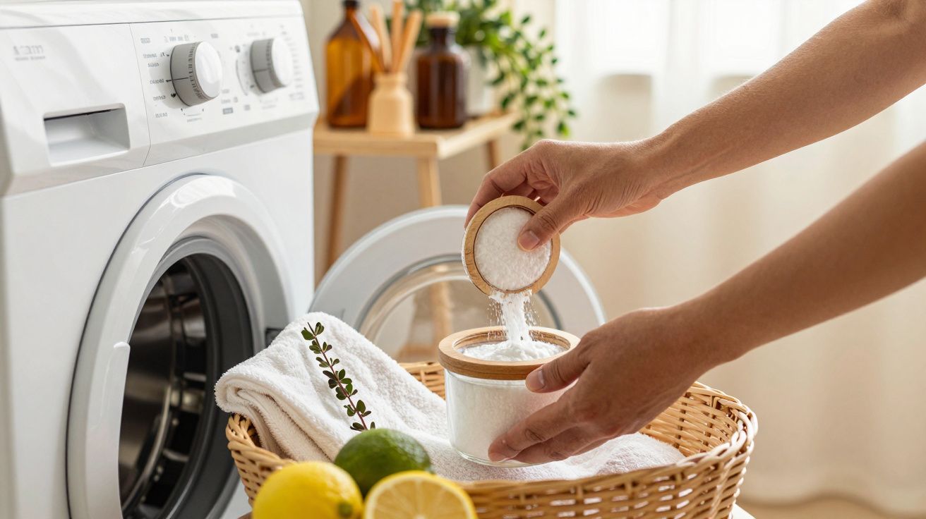 Manos agregando detergente a lavadora, con cesta de ropa, toalla blanca y limones cerca.