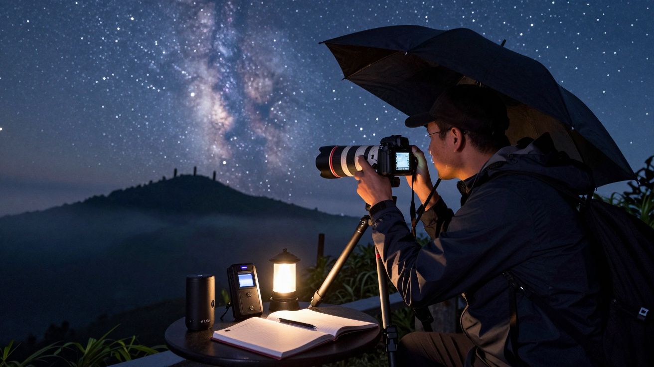 Fotógrafo con paraguas captura la Vía Láctea en la montaña usando cámara en trípode junto a mesa con linterna y libreta.